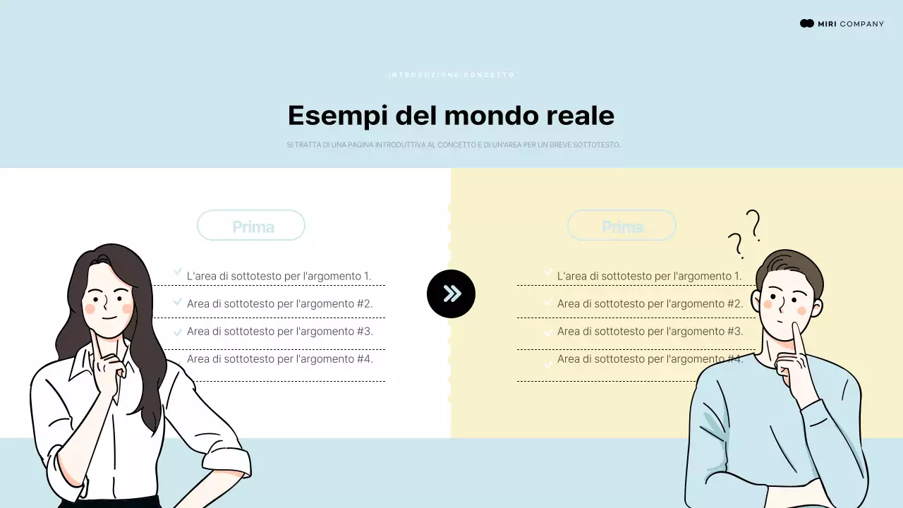 Presentazione introduttiva con un elemento umano che punta su uno spazio azzurro e giallo