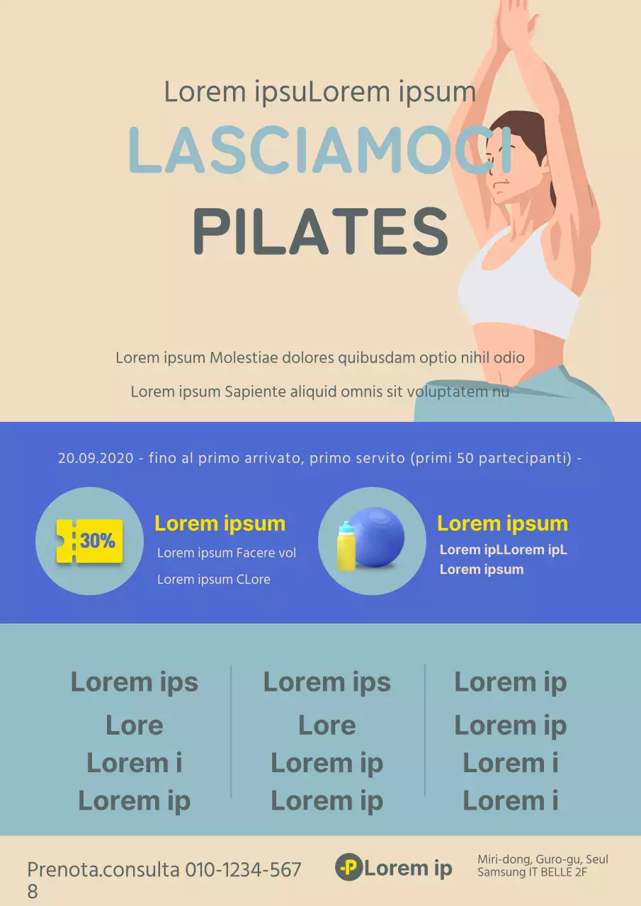 Promuovete un evento aperto e pulito con un'illustrazione beige e blu di una persona che fa Pilates.