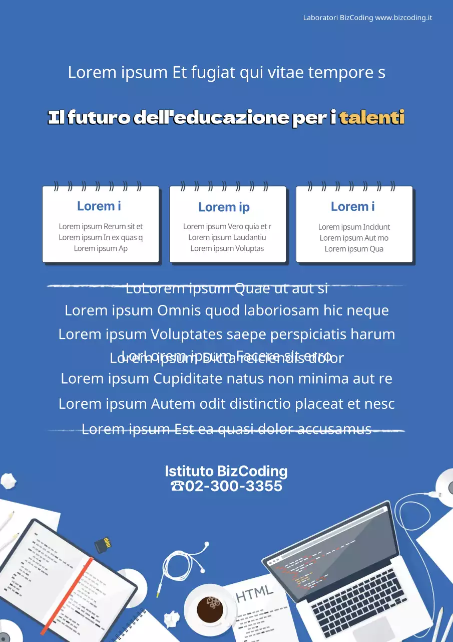Laboratorio di Bizcoding con illustrazione di forniture per ufficio bianche e blu