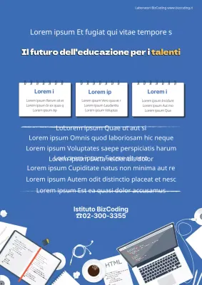 Laboratorio di Bizcoding con illustrazione di forniture per ufficio bianche e blu