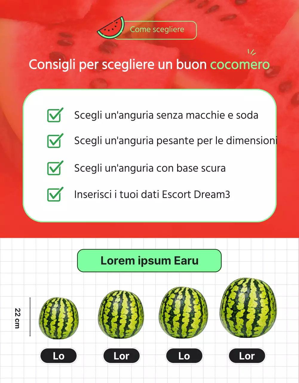Promuovere un centro commerciale che vende angurie tropicali di colore rosso e verde.