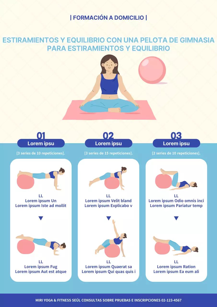 Póster ilustrado de ejercicios con balón de gimnasia en color azul