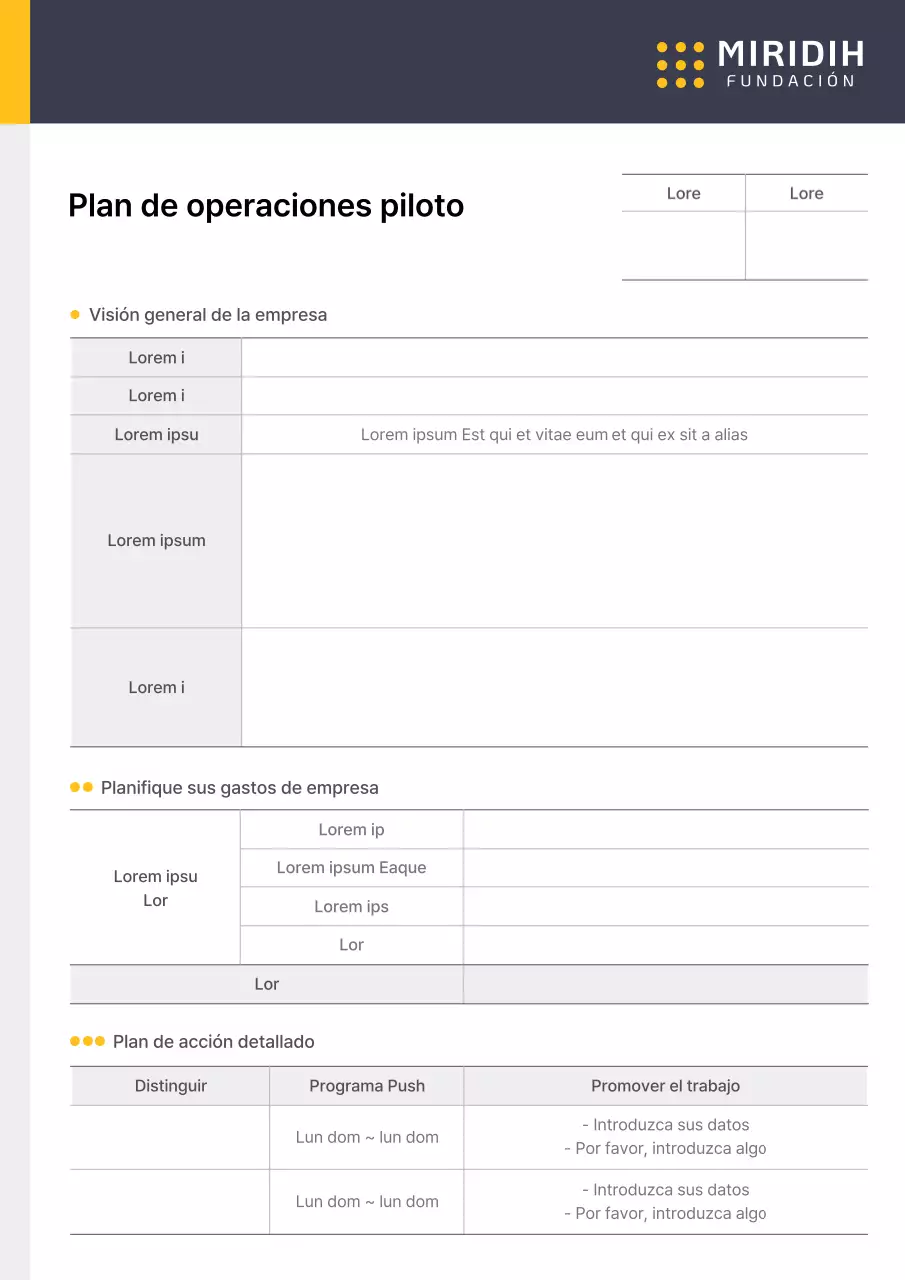 Formulario del Plan Operativo del Proyecto Piloto Empresarial en colores de puntos amarillo y azul
