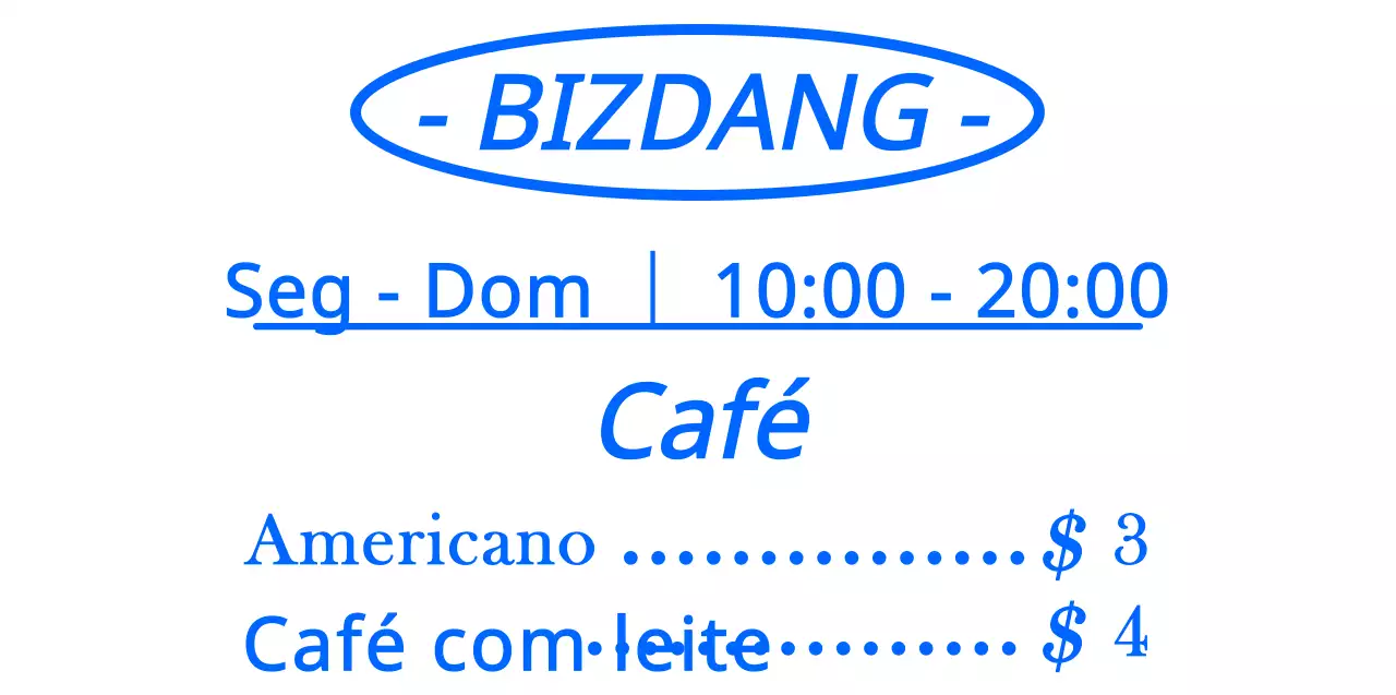 Estilo de disposição simples e limpo, alinhado com texto, em azul e branco, para um quadro de menu de café para informação e promoção