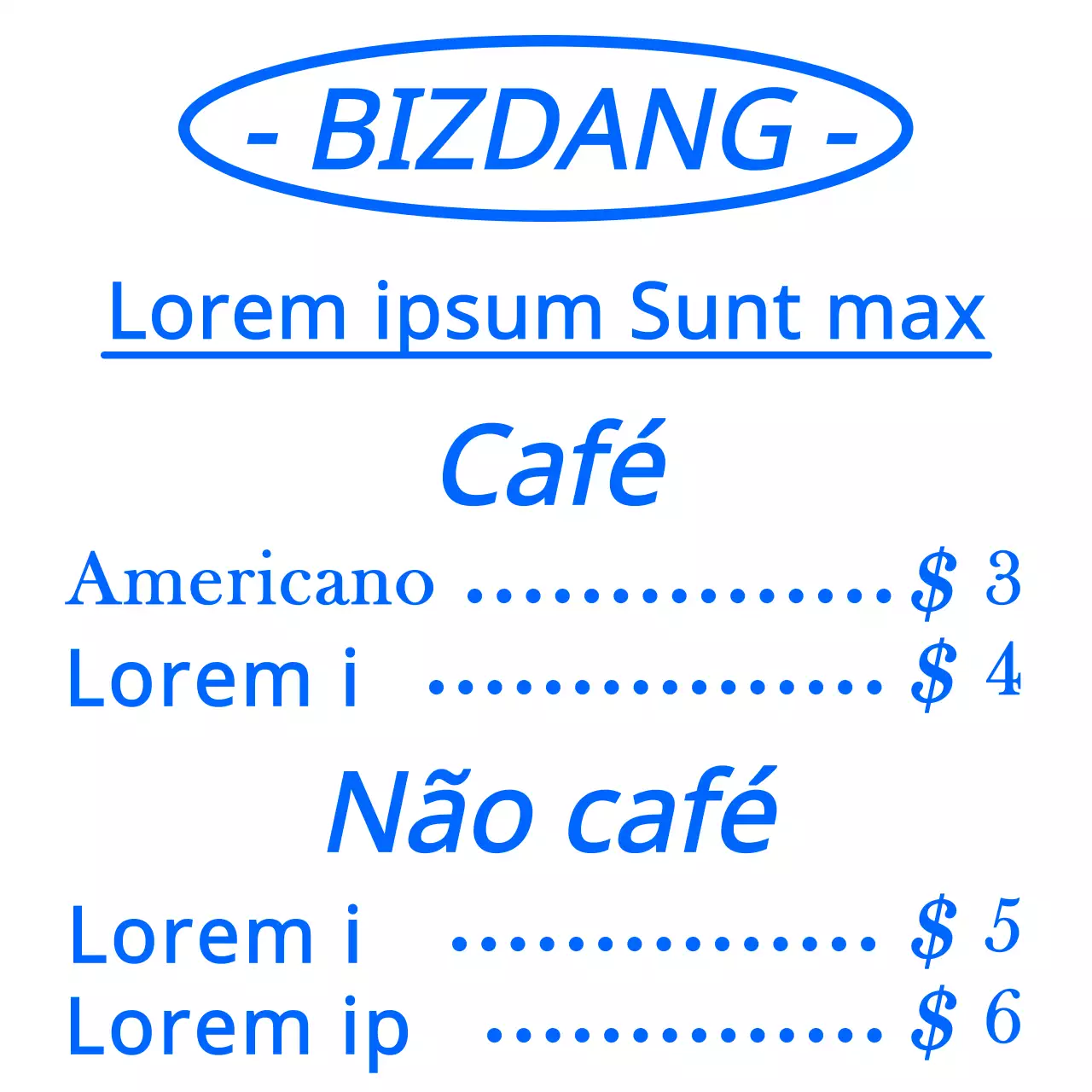 Estilo de disposição simples e limpo, alinhado com texto, em azul e branco, para um quadro de menu de café para informação e promoção