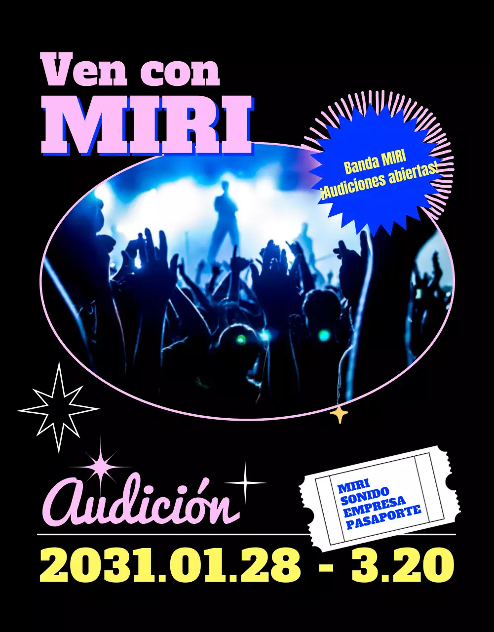 Audiciones abiertas de bandas con color sobre fondo negro