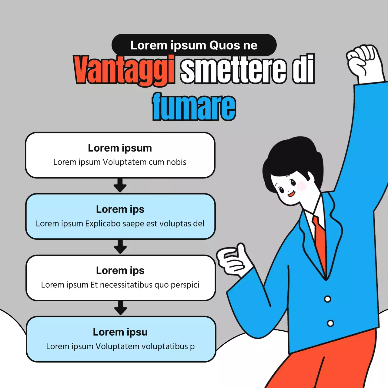 Illustrazioni semplici e simpatiche in rosso, blu e grigio su come smettere di fumare