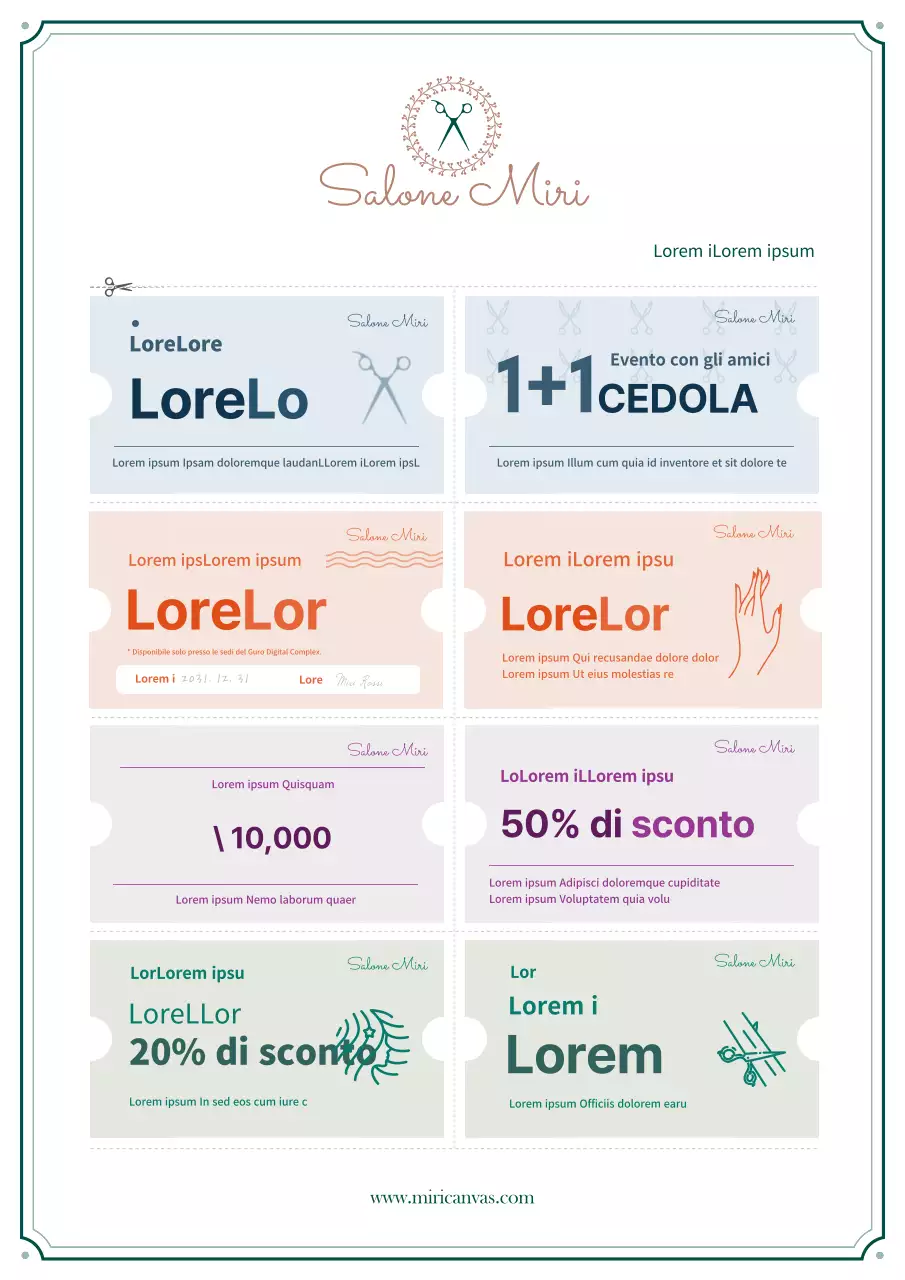 Un libro di coupon per servizi di bellezza in un formato di classe con logo verde e marrone.