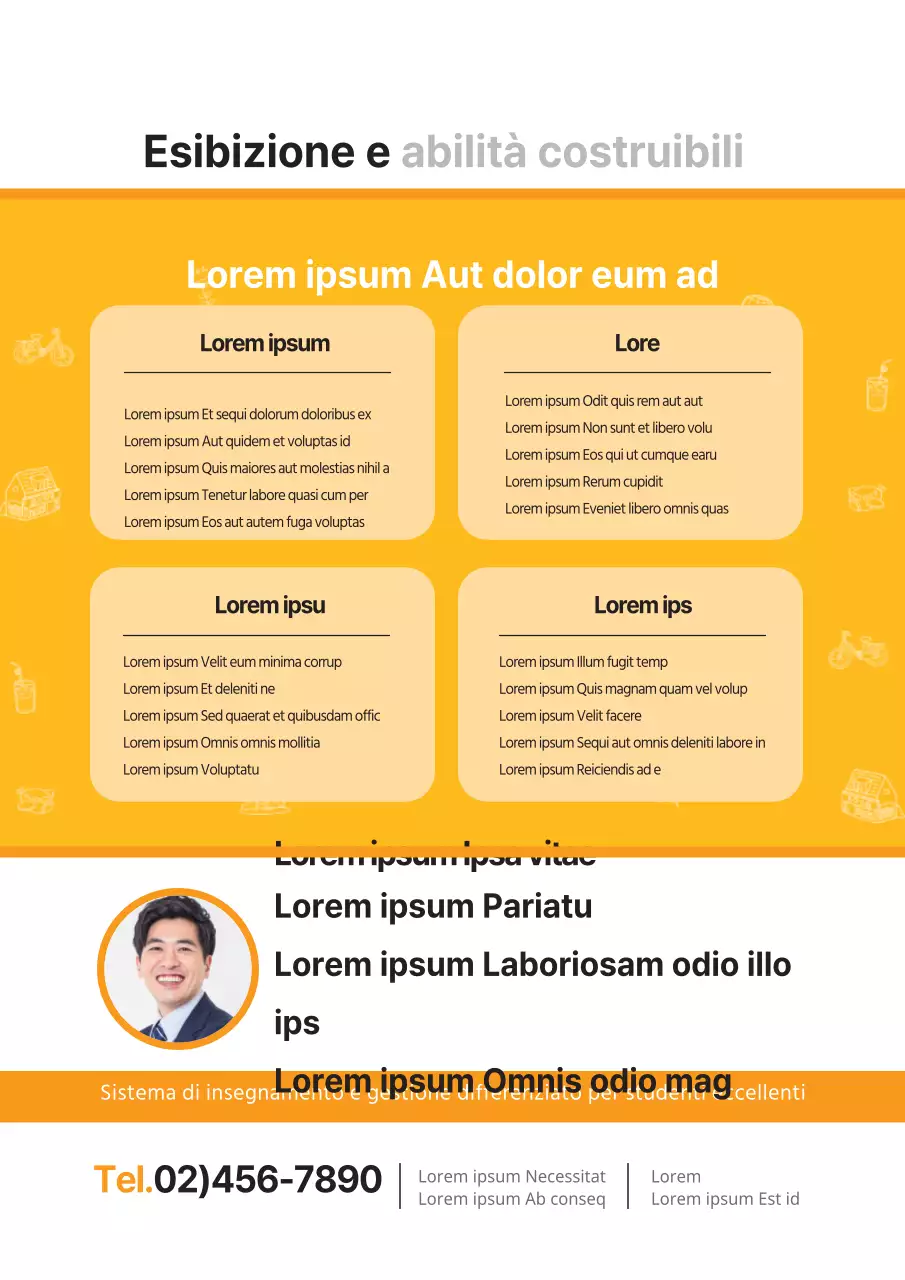 Descrivete e promuovete la vostra scuola di lingua inglese con foto di insegnanti in arancione.