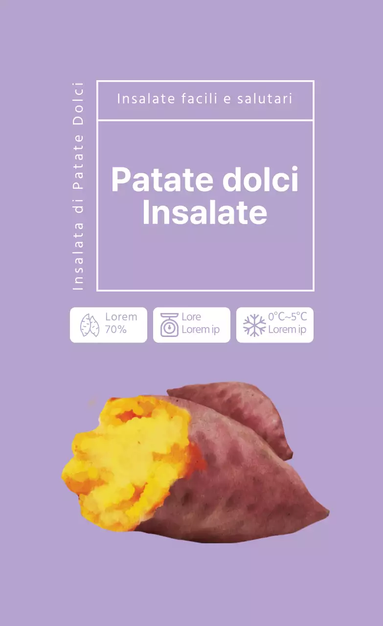 Etichetta alimentare dell'insalata di patate dolci illustrata in viola