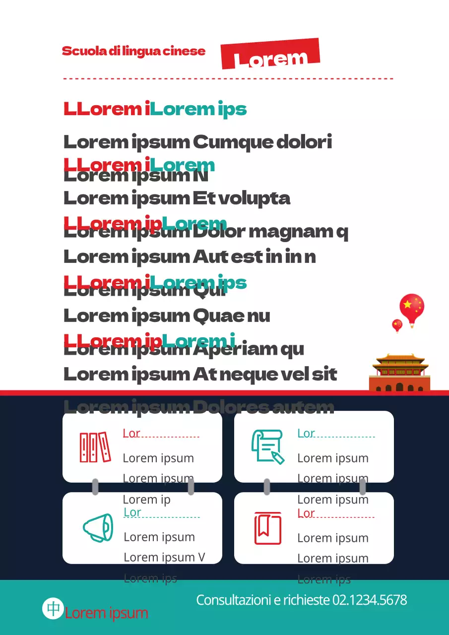 Volantino promozionale rosso e verde della scuola di cinese