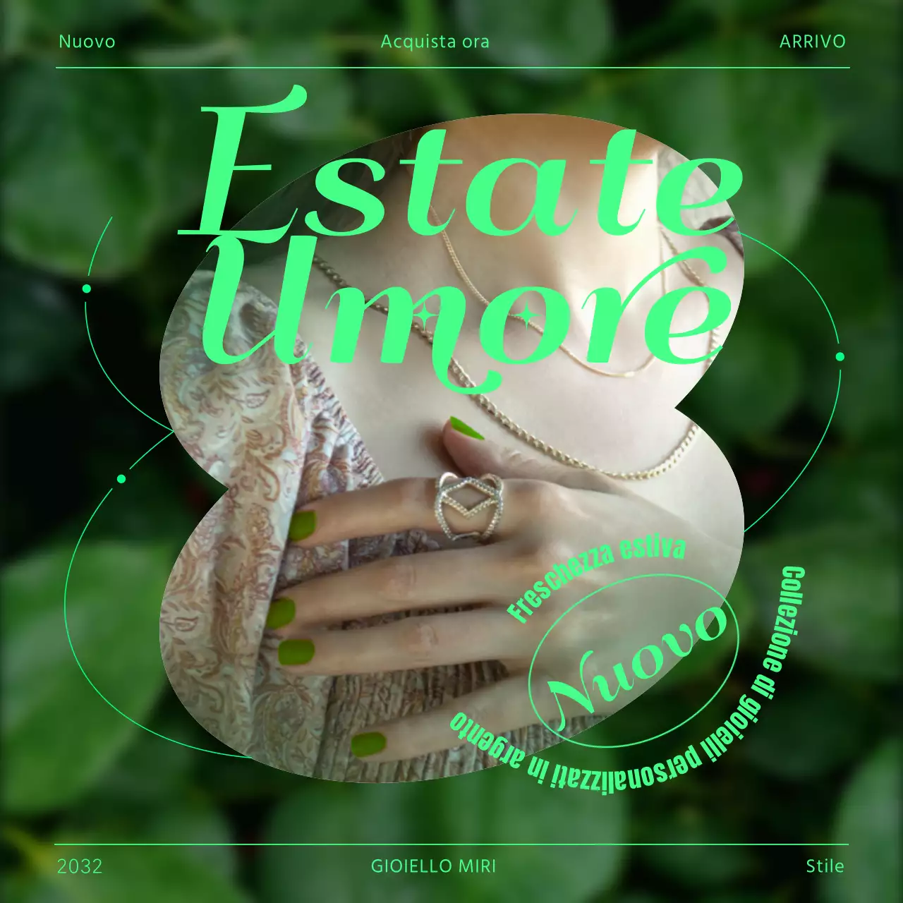 Promuovere gioielli tipografici in verde e chartreuse fluorescente per un look di lusso