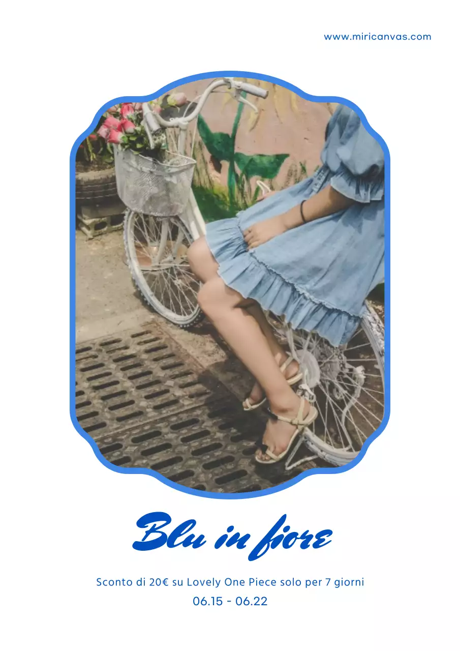 Poster che promuove uno sconto su un elegante abbigliamento intero da donna in bianco e blu