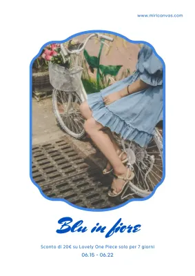 Poster che promuove uno sconto su un elegante abbigliamento intero da donna in bianco e blu