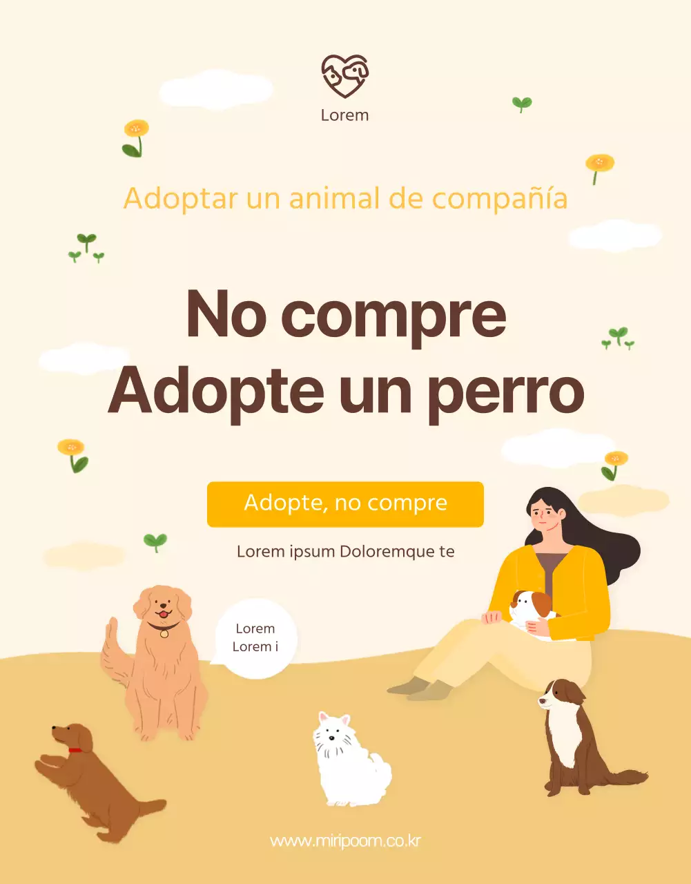 Página detallada del puesto de adopción ilustrada con tonos amarillo-marrón