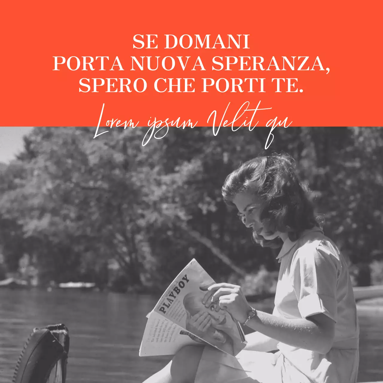 Merce sentimentale con una foto vintage in bianco e nero di una donna in arancione.