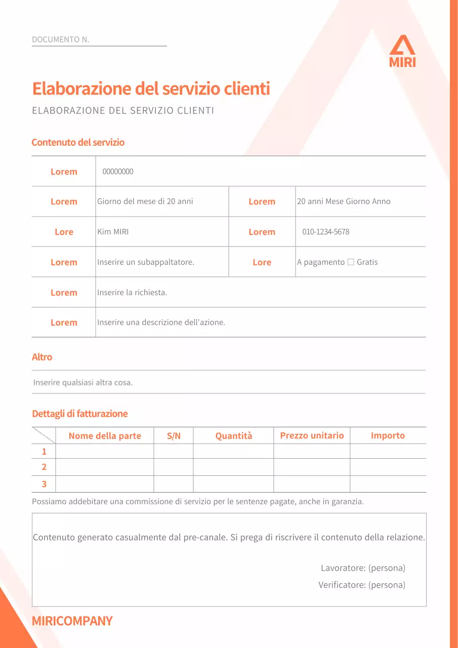 Semplice formattazione del documento di elaborazione del servizio clienti in arancione