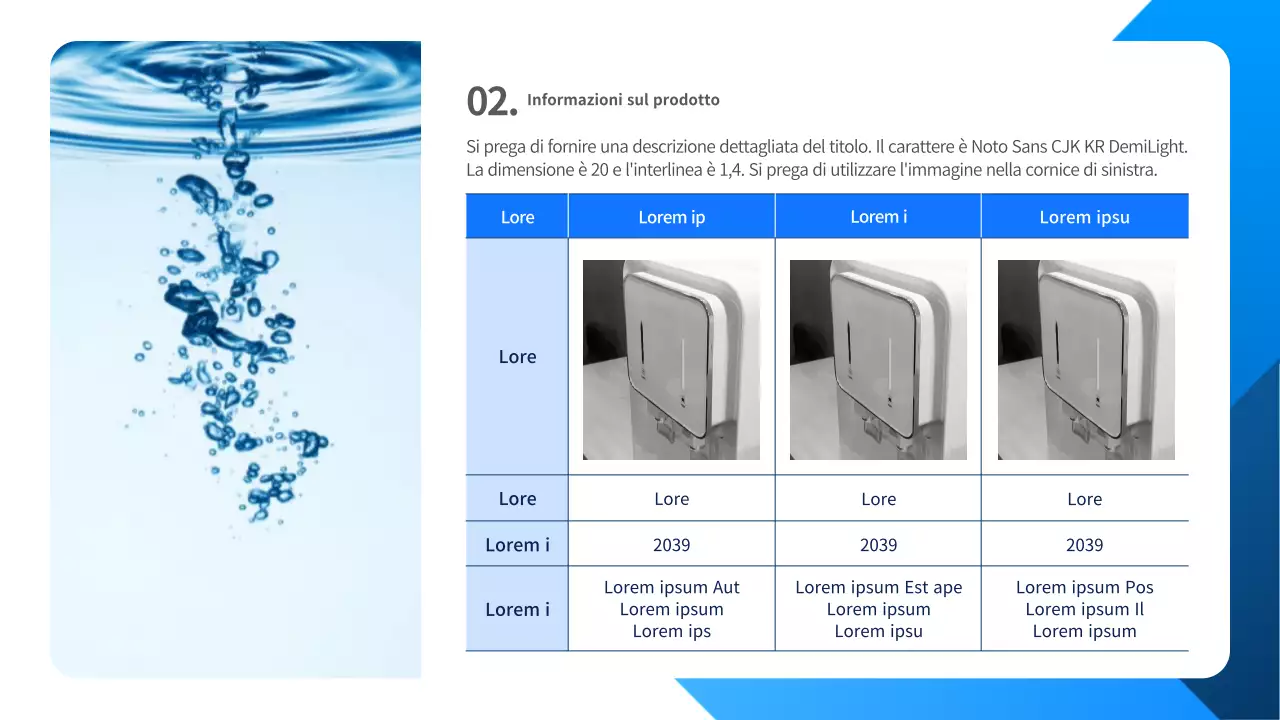 Relazione sul preventivo di noleggio di un distributore d'acqua blu e bianco, pulito e ordinato