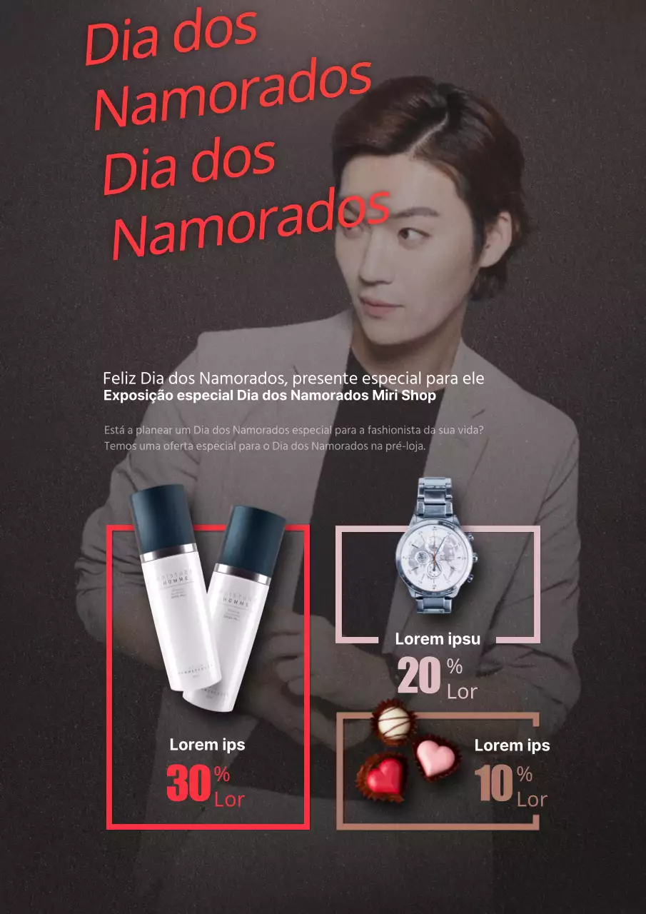 Um folheto promocional para uma venda de prendas chiques para o Dia dos Namorados em vermelho.