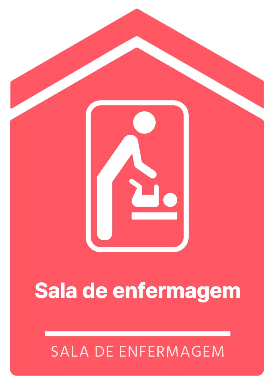 Indicações simples e claras, em forma de seta, para a sala de enfermagem, em rosa vivo e branco