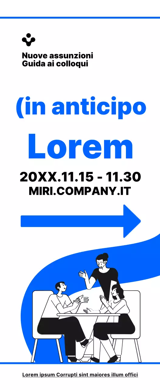 Stile illustrativo semplice in blu e nero con indicazioni per il luogo del colloquio di reclutamento