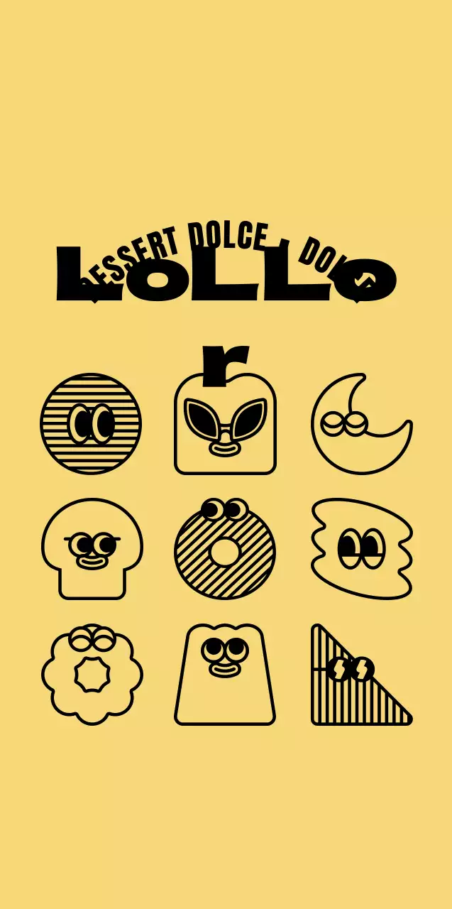 Raccolta di simpatiche illustrazioni di dessert gialli e neri per il merchandising di un caffè stilizzato