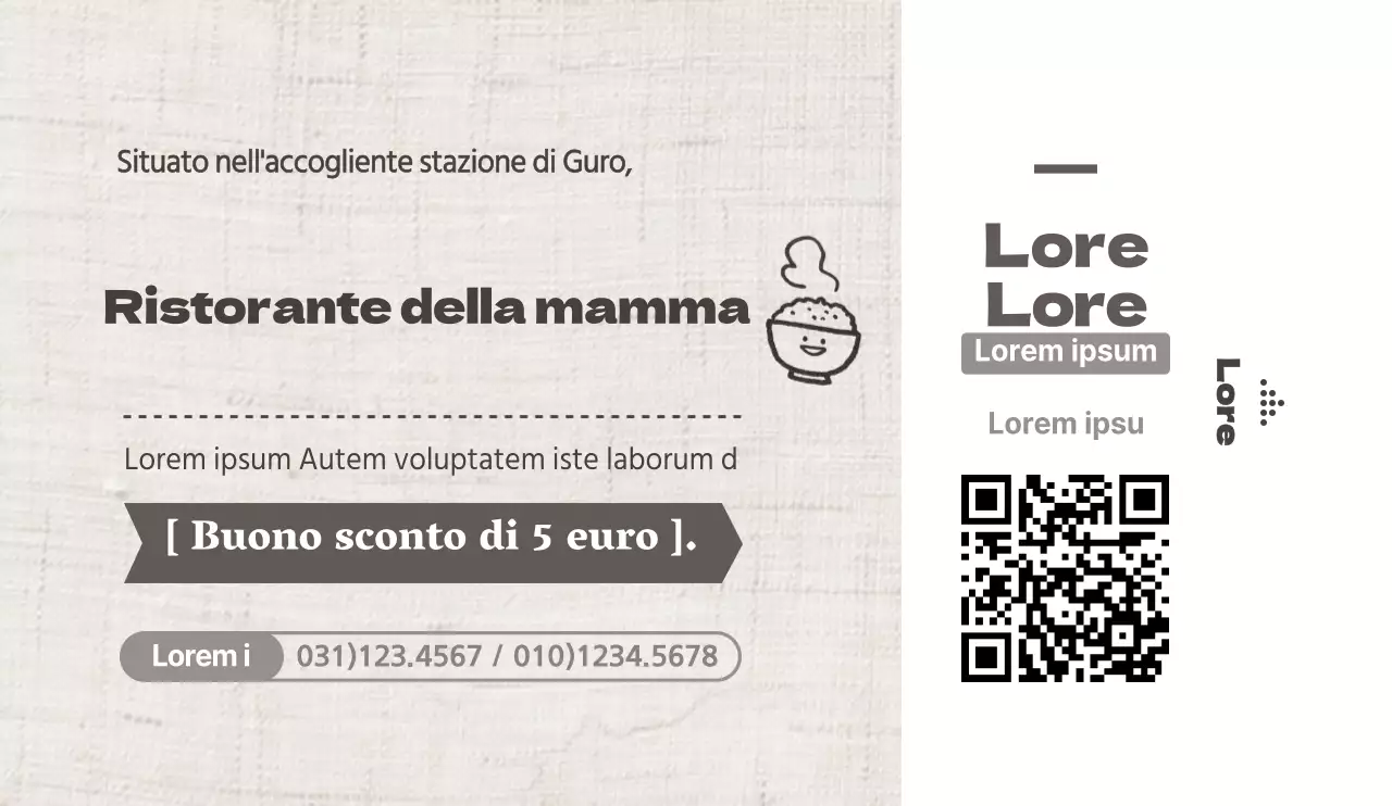 Concetto di coupon di sconto in bianco e marrone, semplice e pulito, per la promozione e l'informazione dei ristoranti
