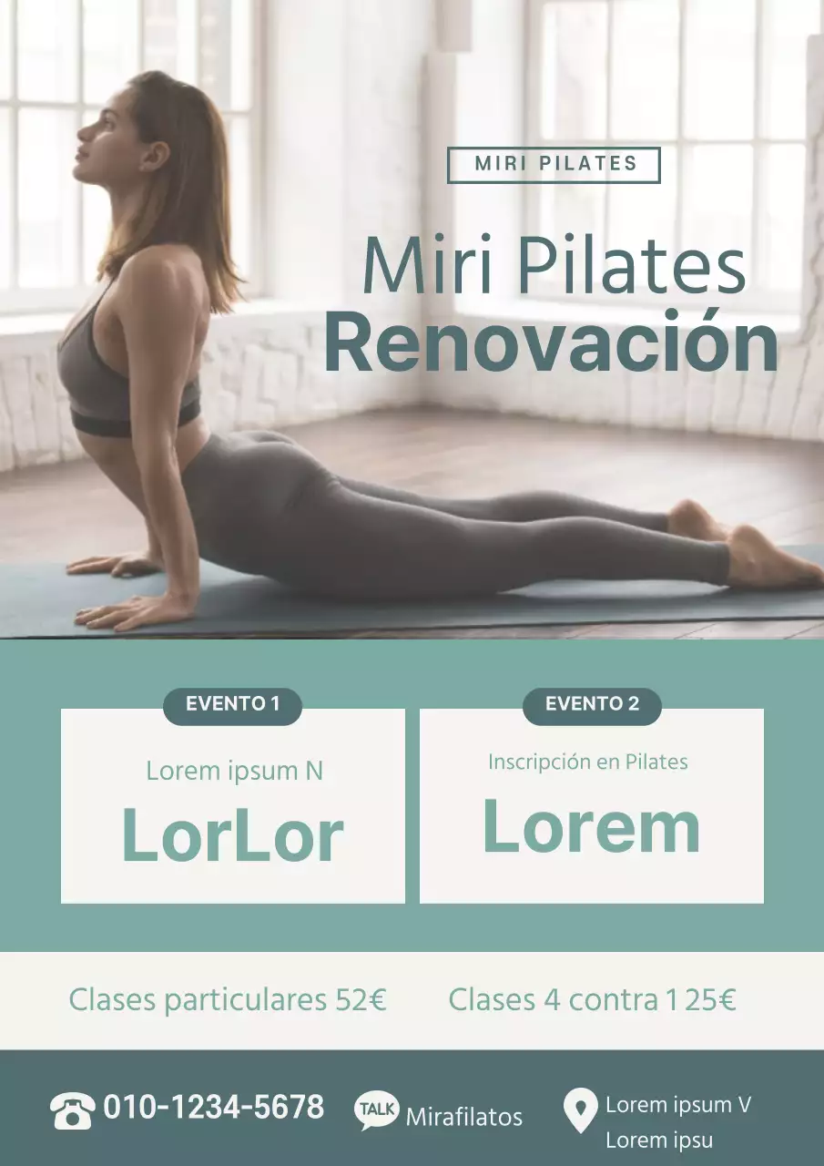 Promociona un evento abierto de Pilates con una foto tuya haciendo Pilates en color menta y naranja.