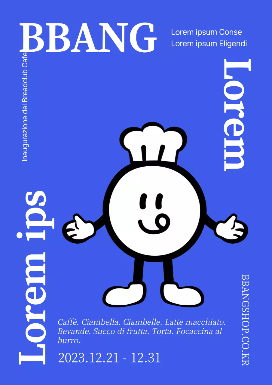 Un semplice manifesto blu che promuove l'apertura di un negozio di dolci.