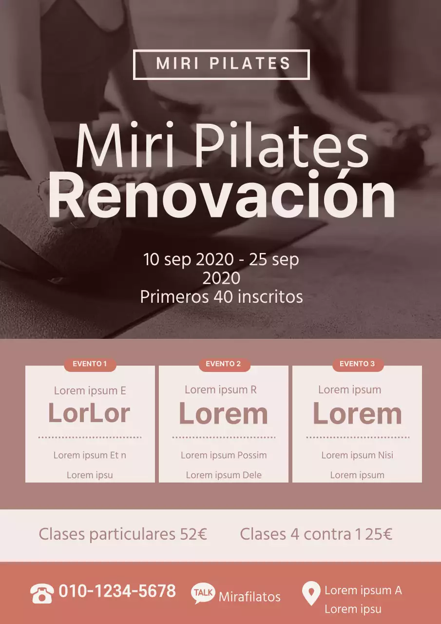 Promociona un evento abierto de Pilates con una foto tuya haciendo Pilates en color menta y naranja.