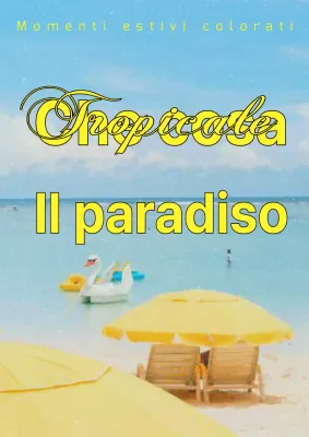 Arte fresca e luminosa del paradiso tropicale con vista sul mare e testo giallo