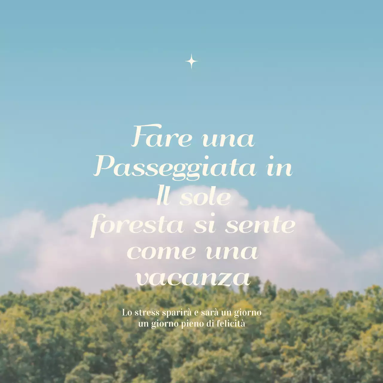 Un sentimento scritto in un carattere carino su uno sfondo con un paesaggio caldo e accogliente.
