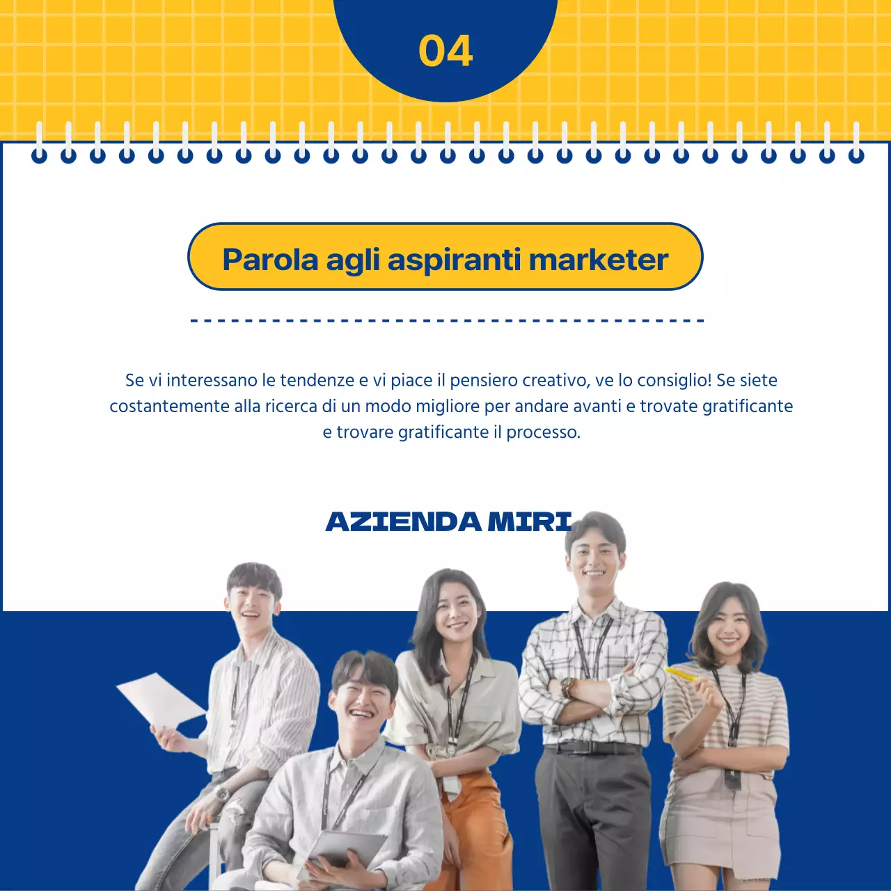 Colloquio per un lavoro nel marketing delle relazioni pubbliche in blu navy e giallo
