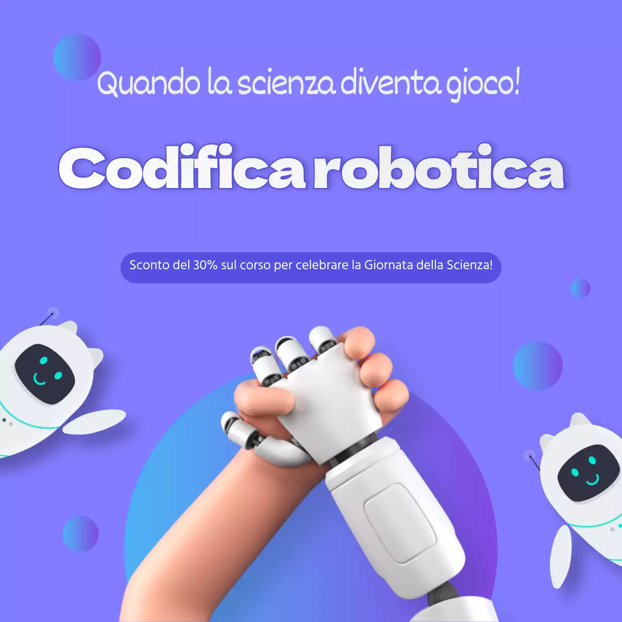 Striscione dell'evento con codifica robotica che si tiene per mano su sfondo viola-navy