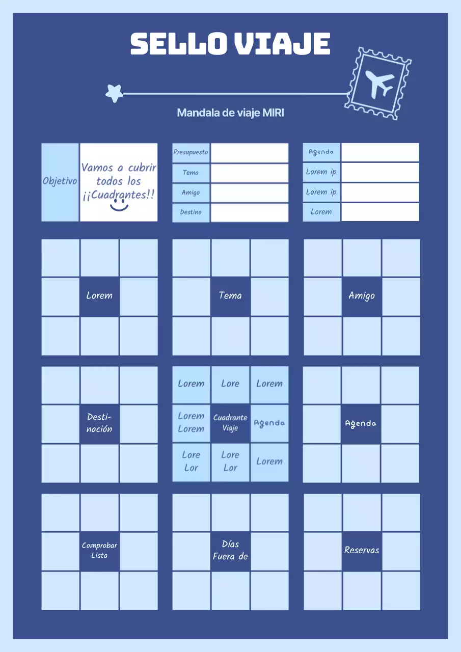 Ilustración de avión en tonos azules Sello de viaje rompiendo mandalas