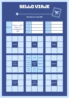 Ilustración de avión en tonos azules Sello de viaje rompiendo mandalas