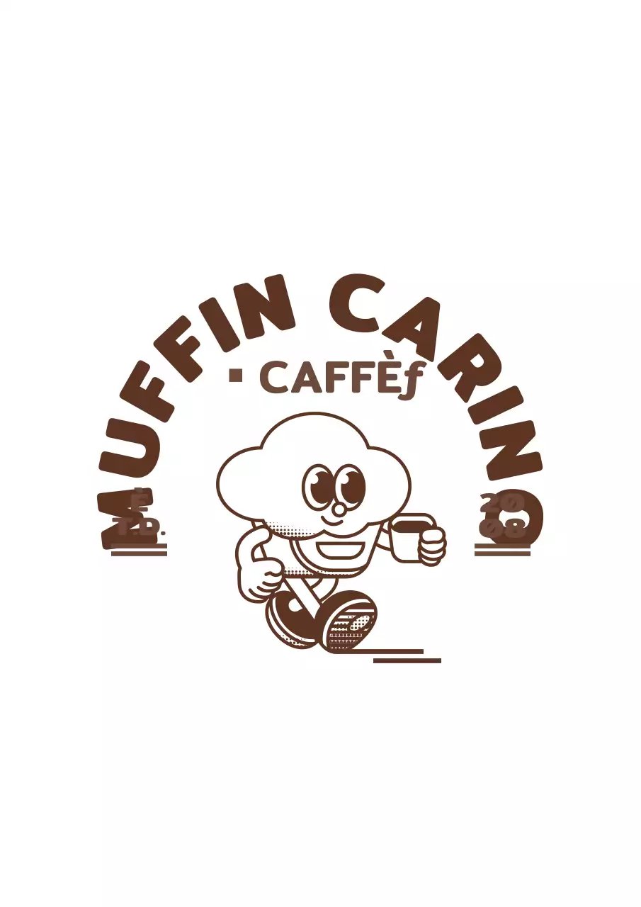 Illustrazione del logo del personaggio del muffin, soffice, bianco e marrone scuro, per il merchandising e le promozioni dei bar.