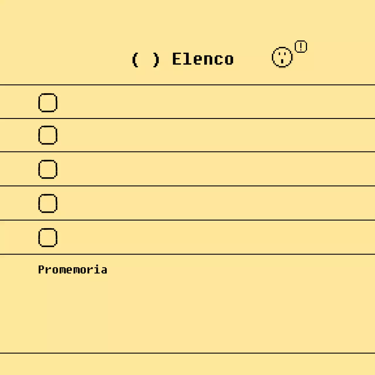 Lista di controllo con illustrazioni pixelate semplici e pulite in giallo e nero.