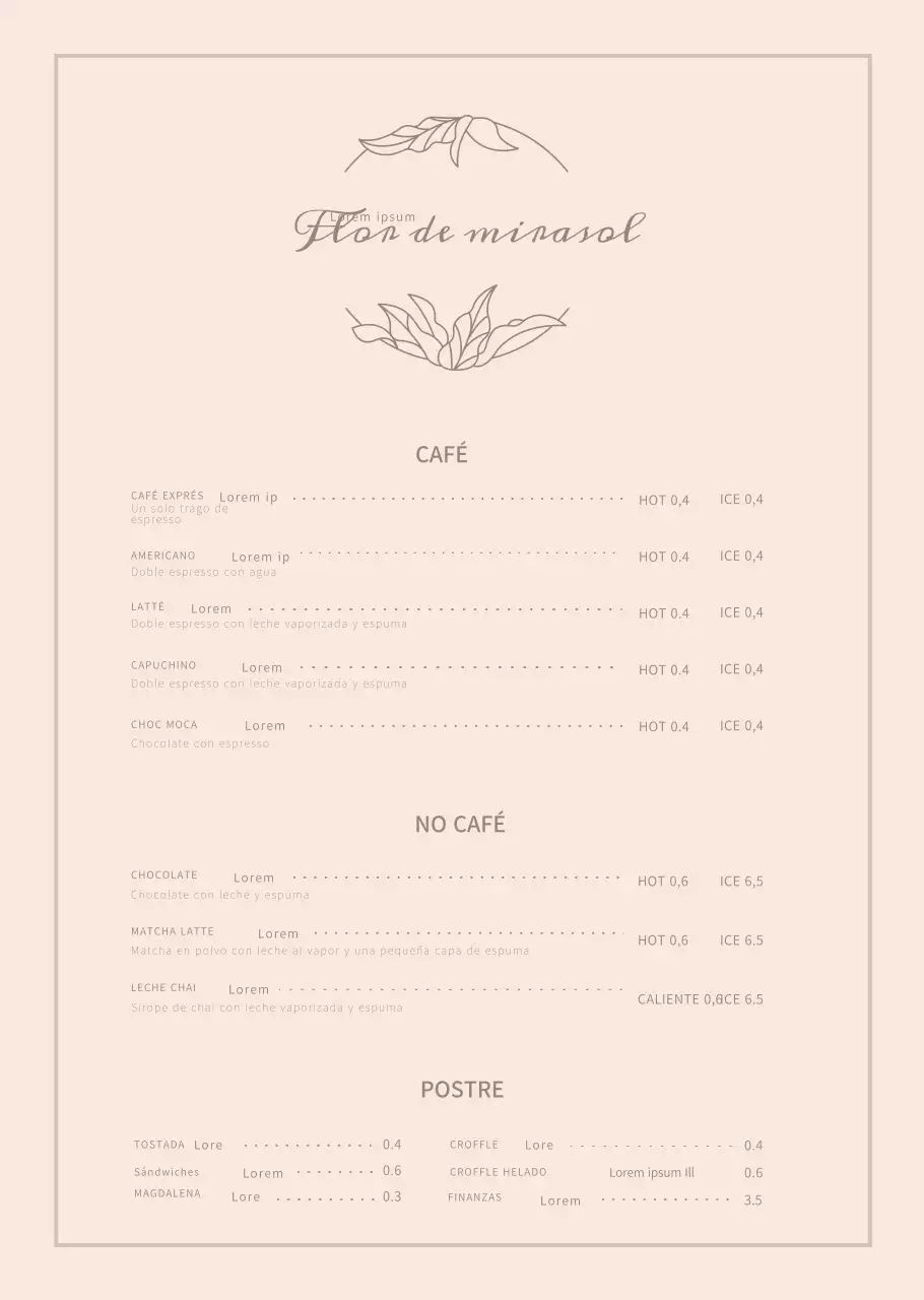 Rosa lujosa flor café cafetería menú cartel