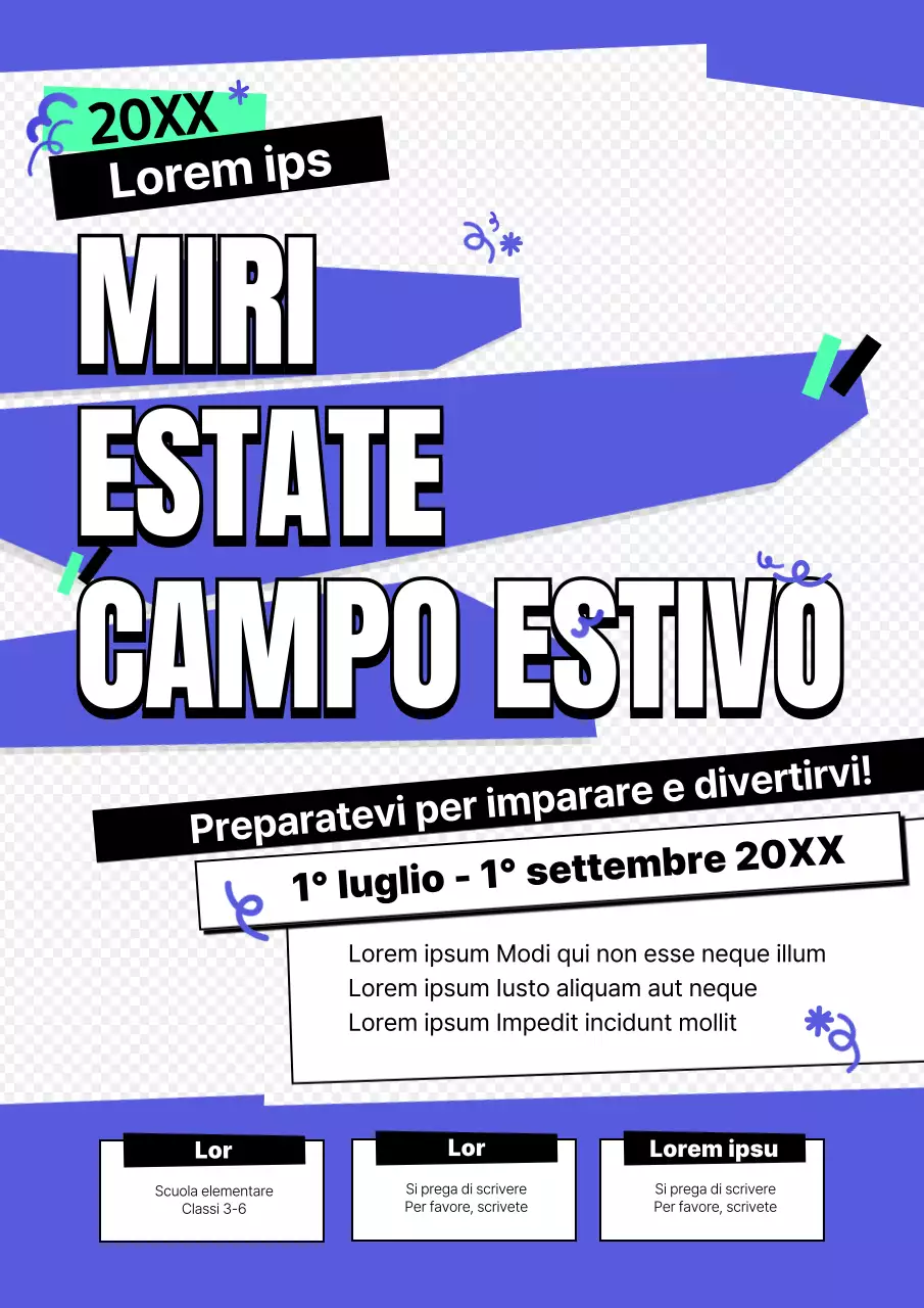 Un campo scuola pulito, frizzante, geometrico, in blu e bianco, fresco e invitante.