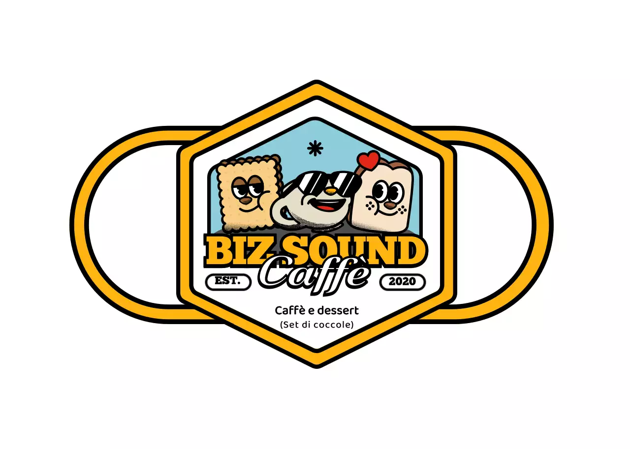 Una serie di prodotti da caffè in stile logo, simpatici e alla moda, nei colori giallo e nero.