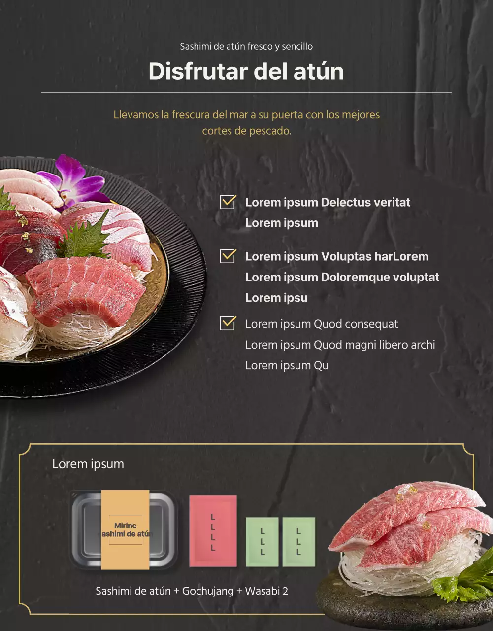 Página de detalle para la venta de atún de primera calidad en colores oscuros