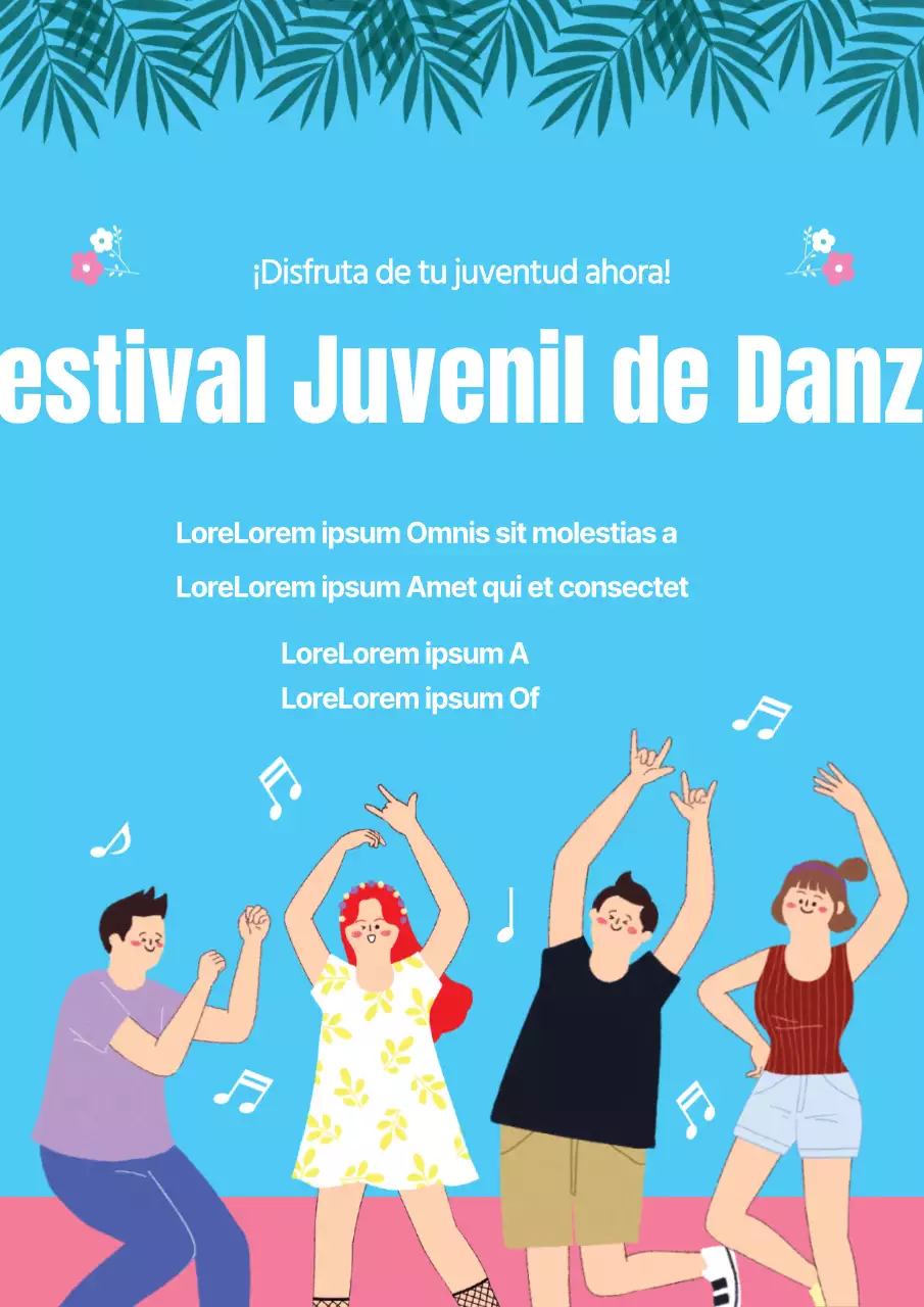 Promociona un festival de danza con una ilustración azul de gente bailando