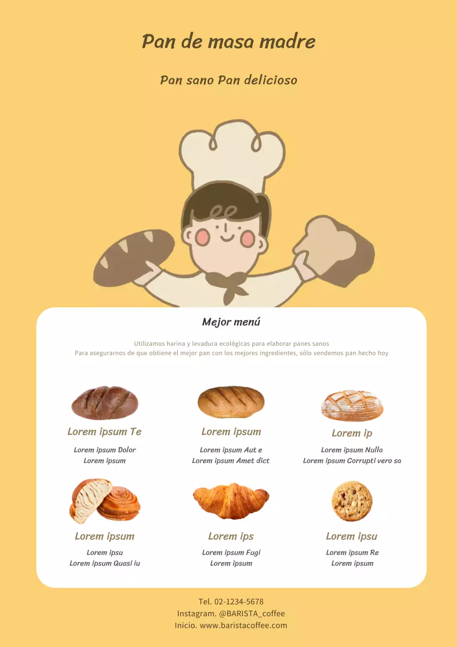 Bonito diseño promocional de menú de pan de masa madre amarillo