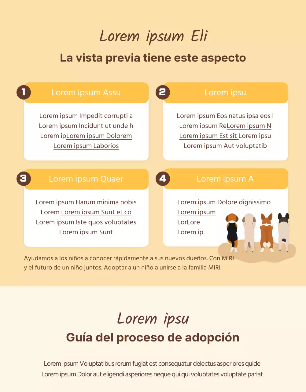 Página detallada del puesto de adopción ilustrada con tonos amarillo-marrón