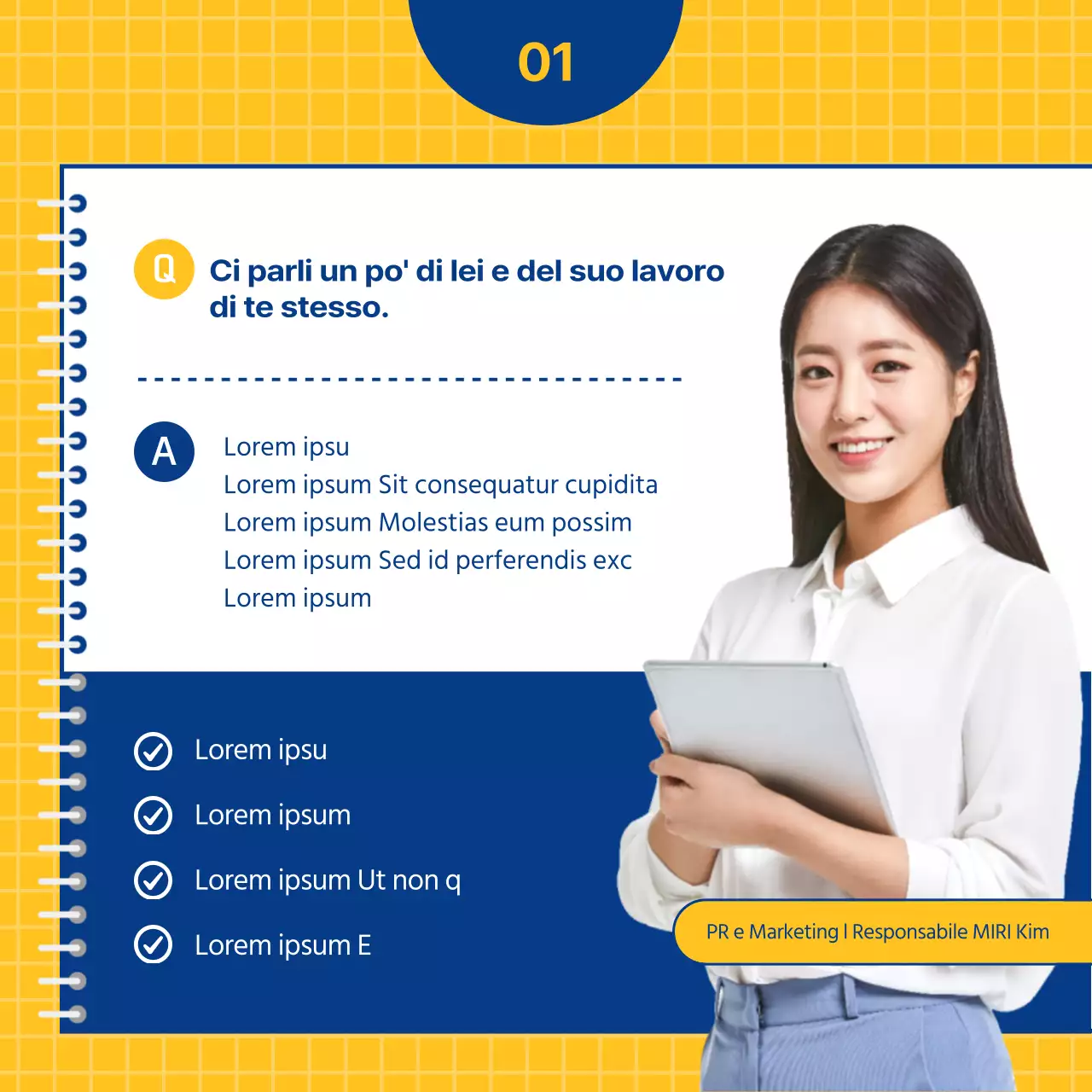 Colloquio per un lavoro nel marketing delle relazioni pubbliche in blu navy e giallo