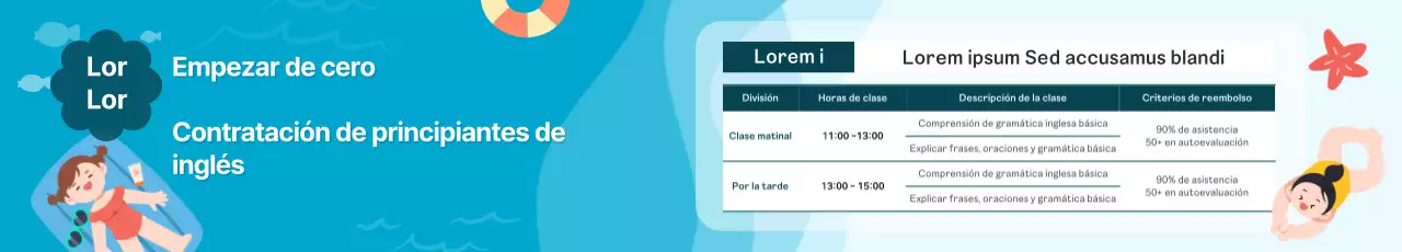 Presentamos los especiales de verano de la escuela con una fresca vista veraniega al mar en azul celeste