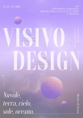 Volantino per mostra di laurea con grafica circolare viola e foto di una nuvola