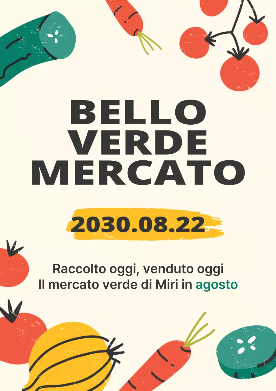 I contenuti del mercato biologico in un'illustrazione gialla, simile a uno scarabocchio