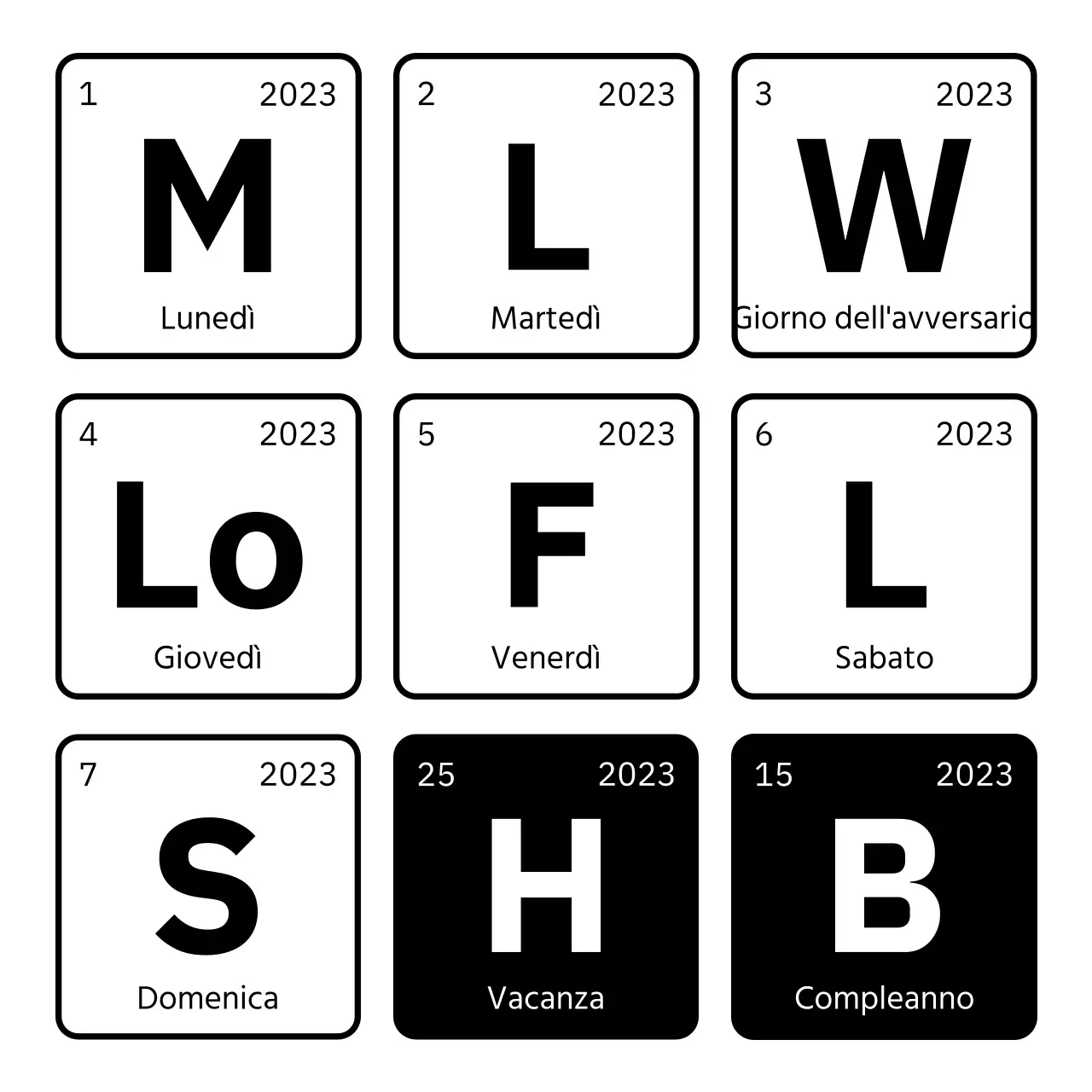 Design di data e giorno con concetto di tavola periodica in bianco e nero